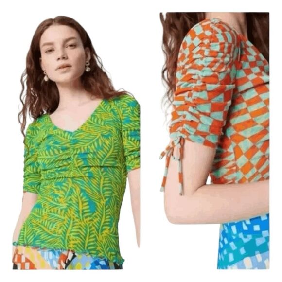 Diane Von Furstenberg Abriella Reversible Tee Checks Tropical Print L - Picture 1 of 11